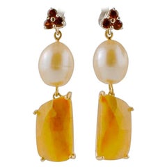 Vintage Yellow Sapphires, Garnets, Pearls, 14 Karat Rose and White Retrò Earrings