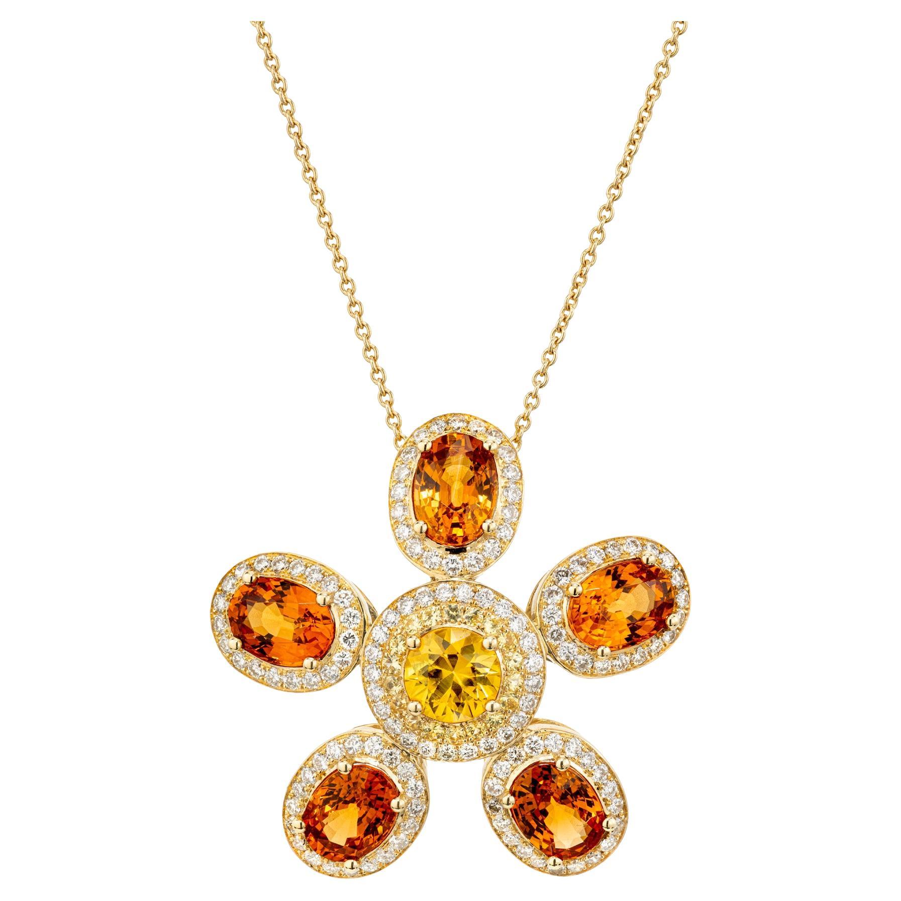 Yellow Sapphires, Spessartite & Diamonds Pendant in 18k Yellow Gold