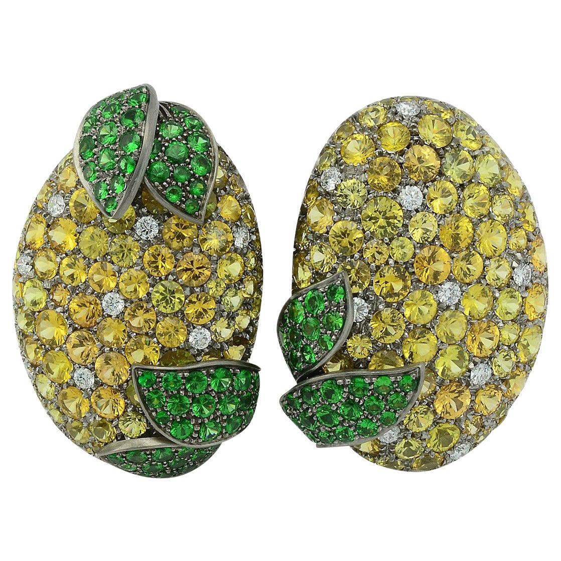 Yellow Sapphires Tsavorite Diamond Titanium Gold Earrings