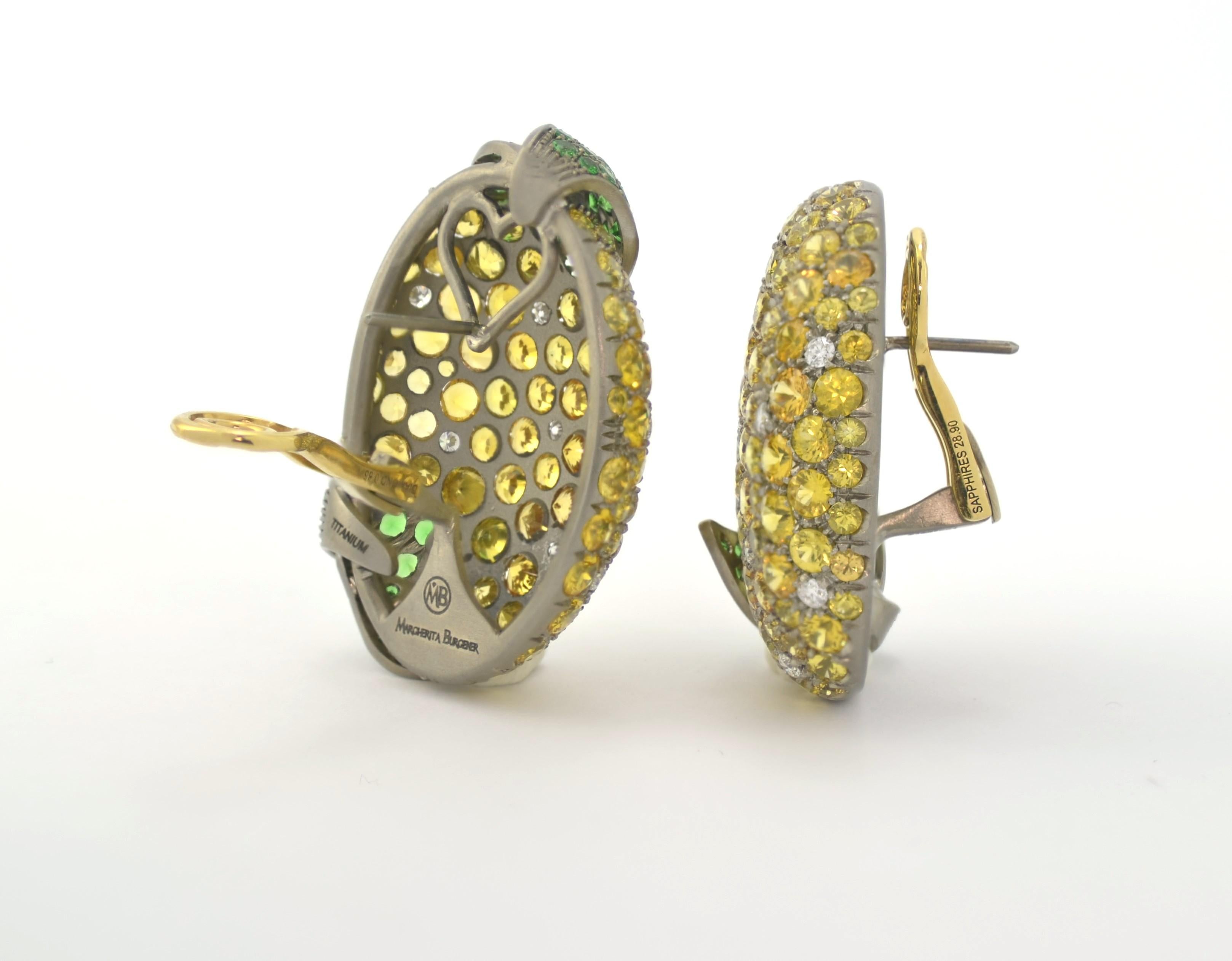 Yellow Sapphires Tsavorite Diamond Titanium Gold Earrings In New Condition In Valenza , IT