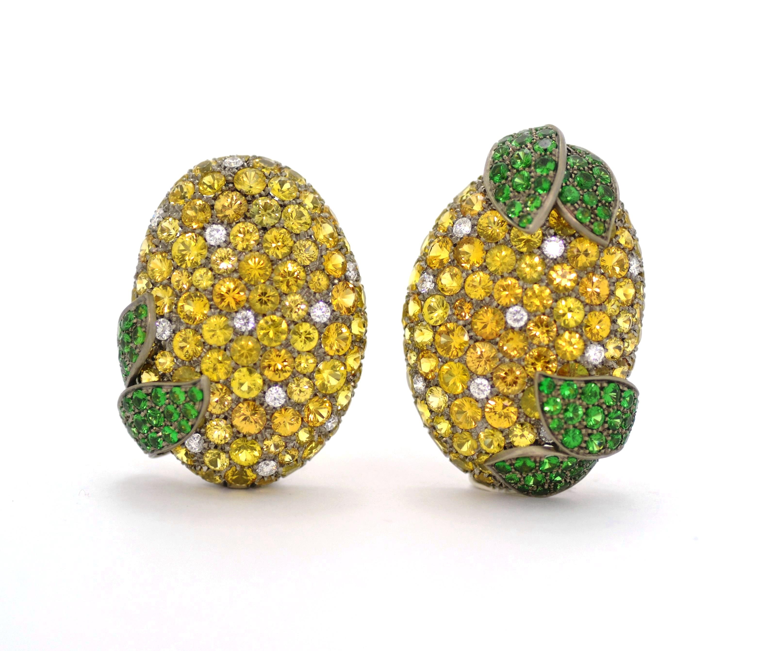 Contemporary Yellow Sapphires Tsavorite Diamond Titanium Gold Earrings