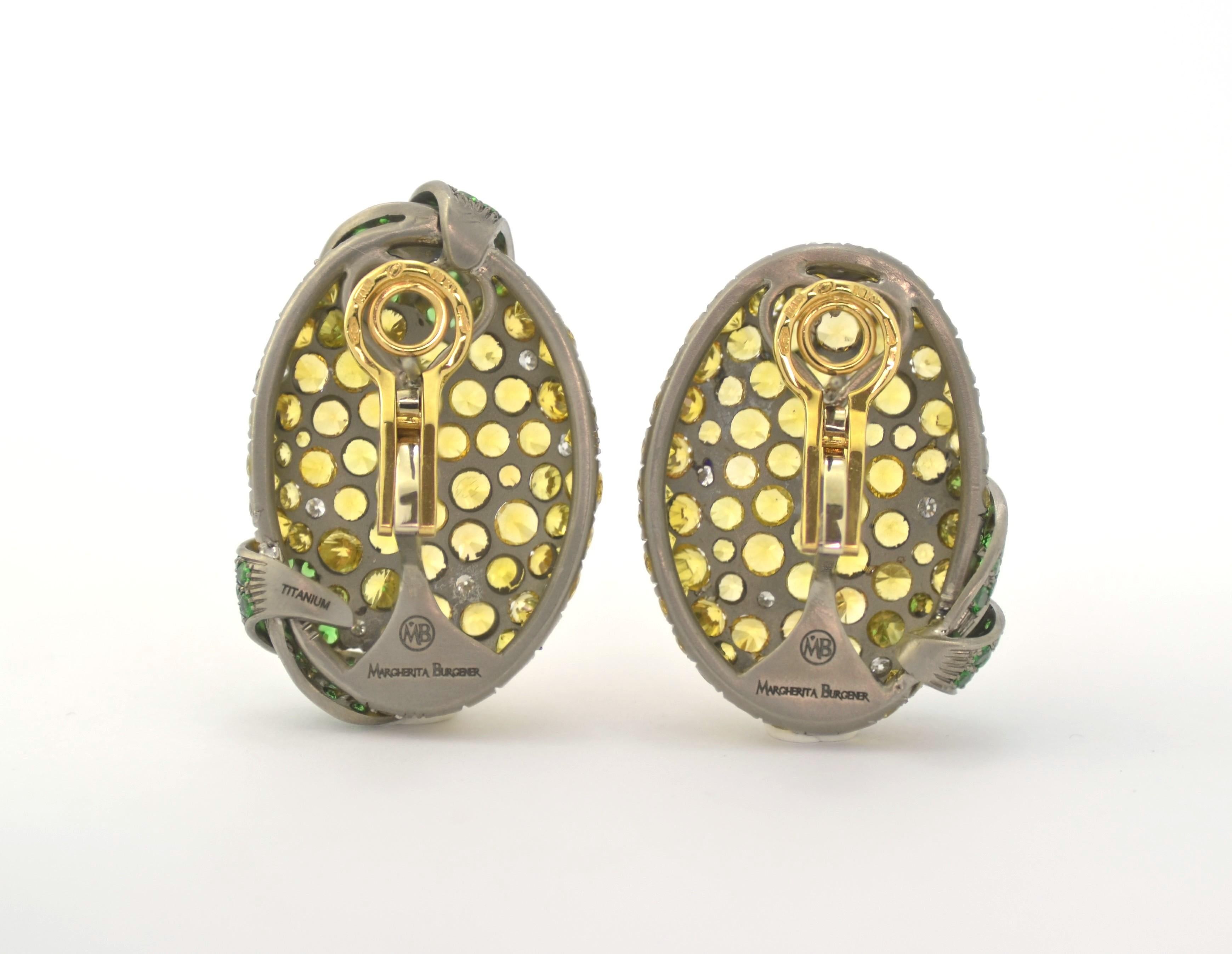 Round Cut Yellow Sapphires Tsavorite Diamond Titanium Gold Earrings