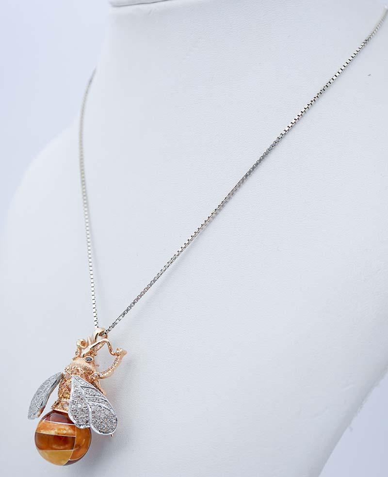 Retro Yellow Sapphires Diamonds Amber Rose Gold and Silver Bee Brooch/Pendant Necklace For Sale