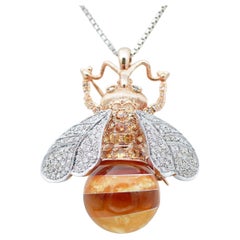 Yellow Sapphires Diamonds Amber Rose Gold and Silver Bee Brooch/Pendant Necklace