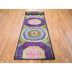 Yellow Sari Silk with Textured Wool Mamluk Design XL Runner Rug 3'2" x 17'5"