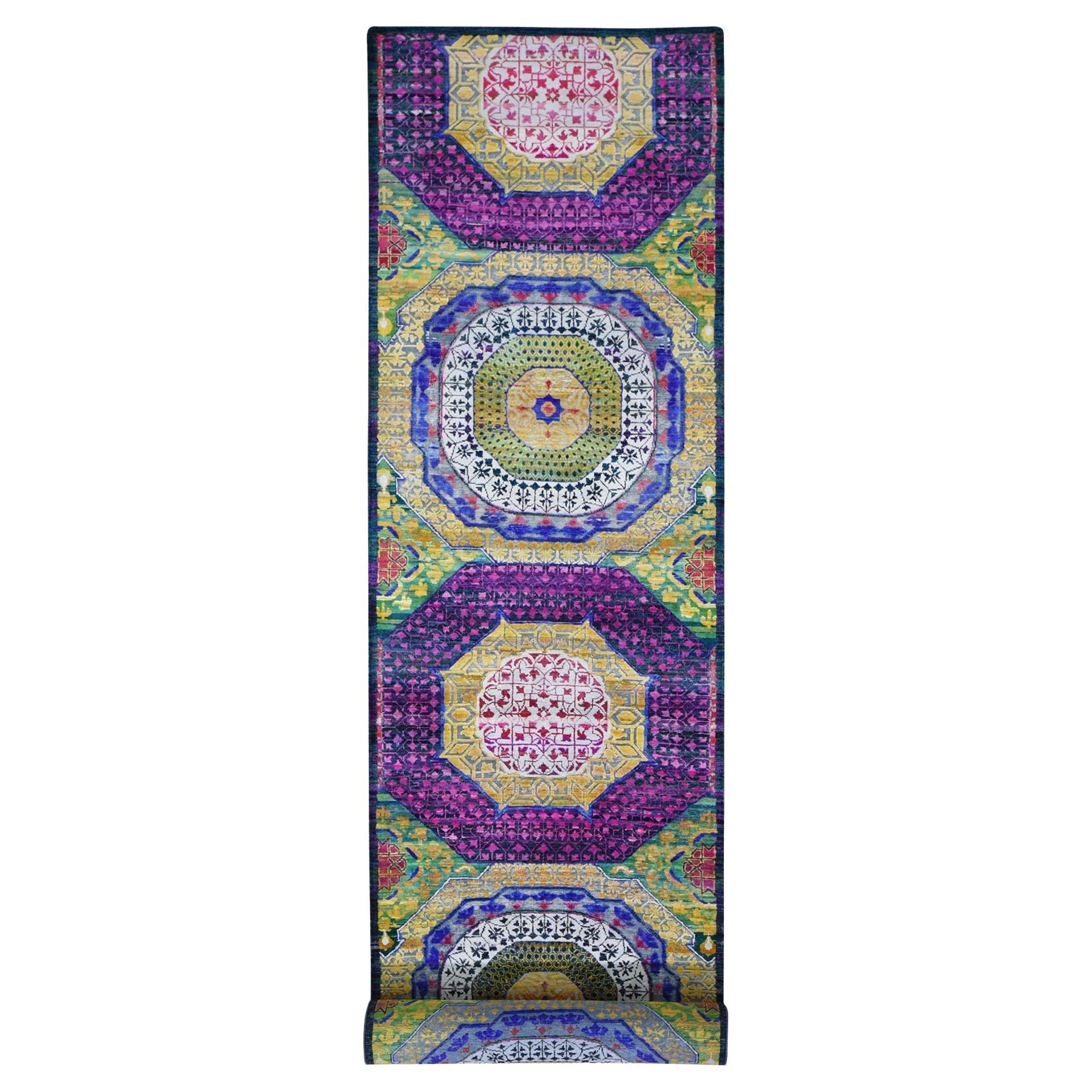 Yellow Sari Silk with Textured Wool Mamluk Design XL Runner Rug 3'2" x 17'5"