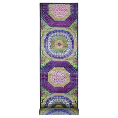 Alfombra de Pista XL de Seda Sari Amarilla con Lana Texturizada Diseño Mameluco 3'2" x 17'5