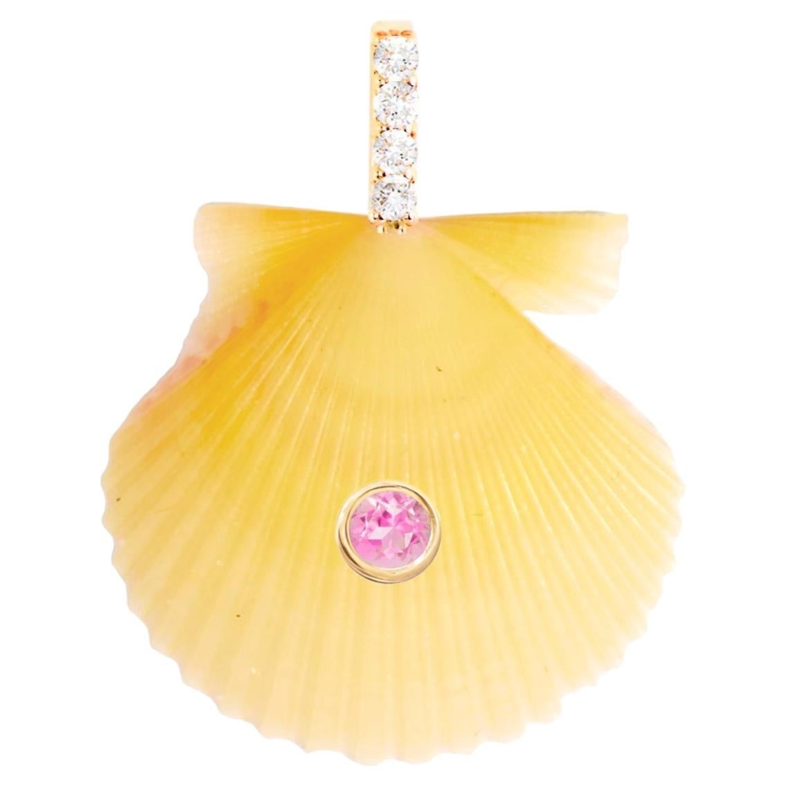 Yellow Shell Pendant with Natural Diamonds and Pink Sapphire For Sale