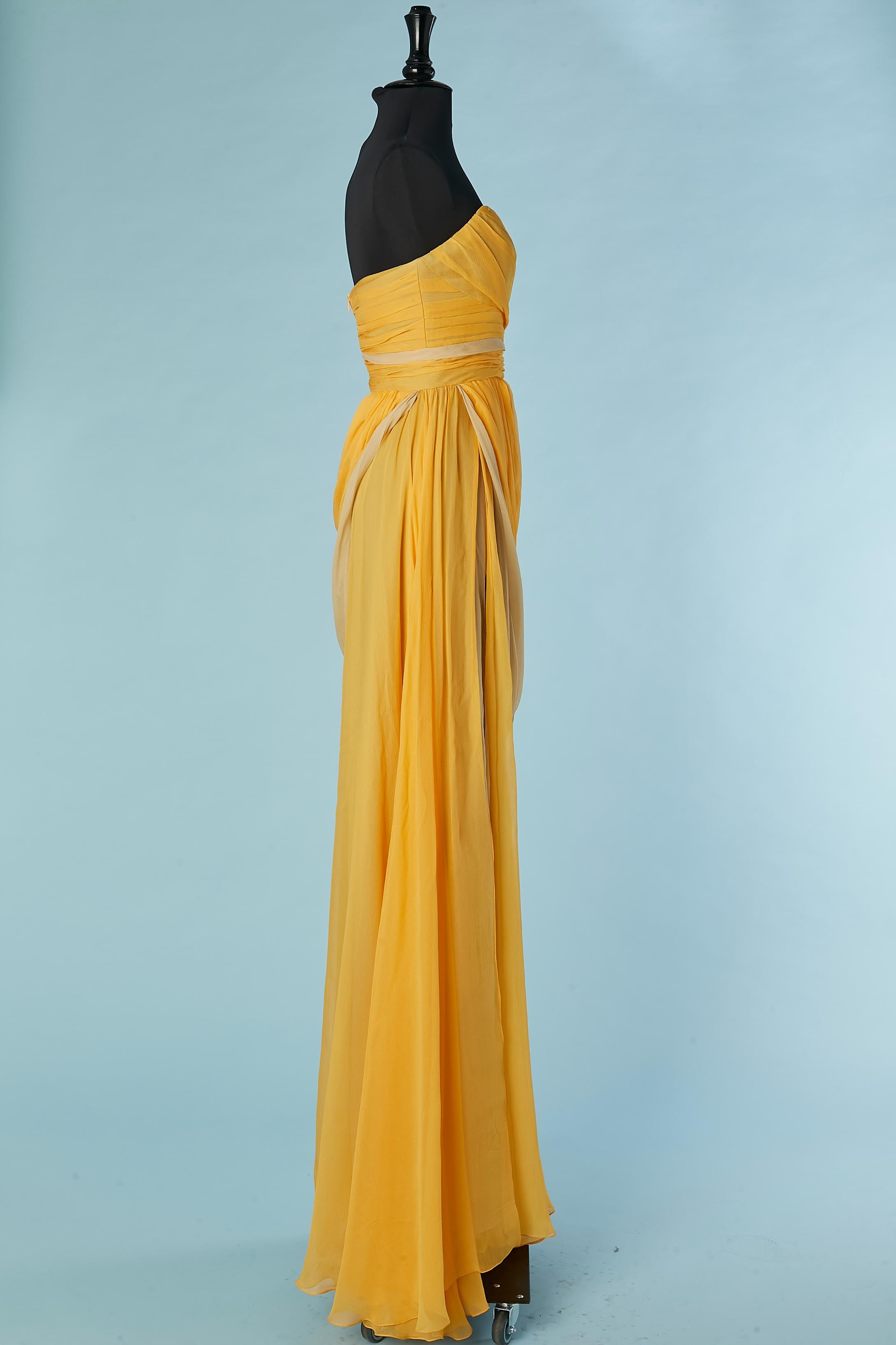 Yellow silk chiffon evening bustier dress Lorena Sarbu For Sale 3
