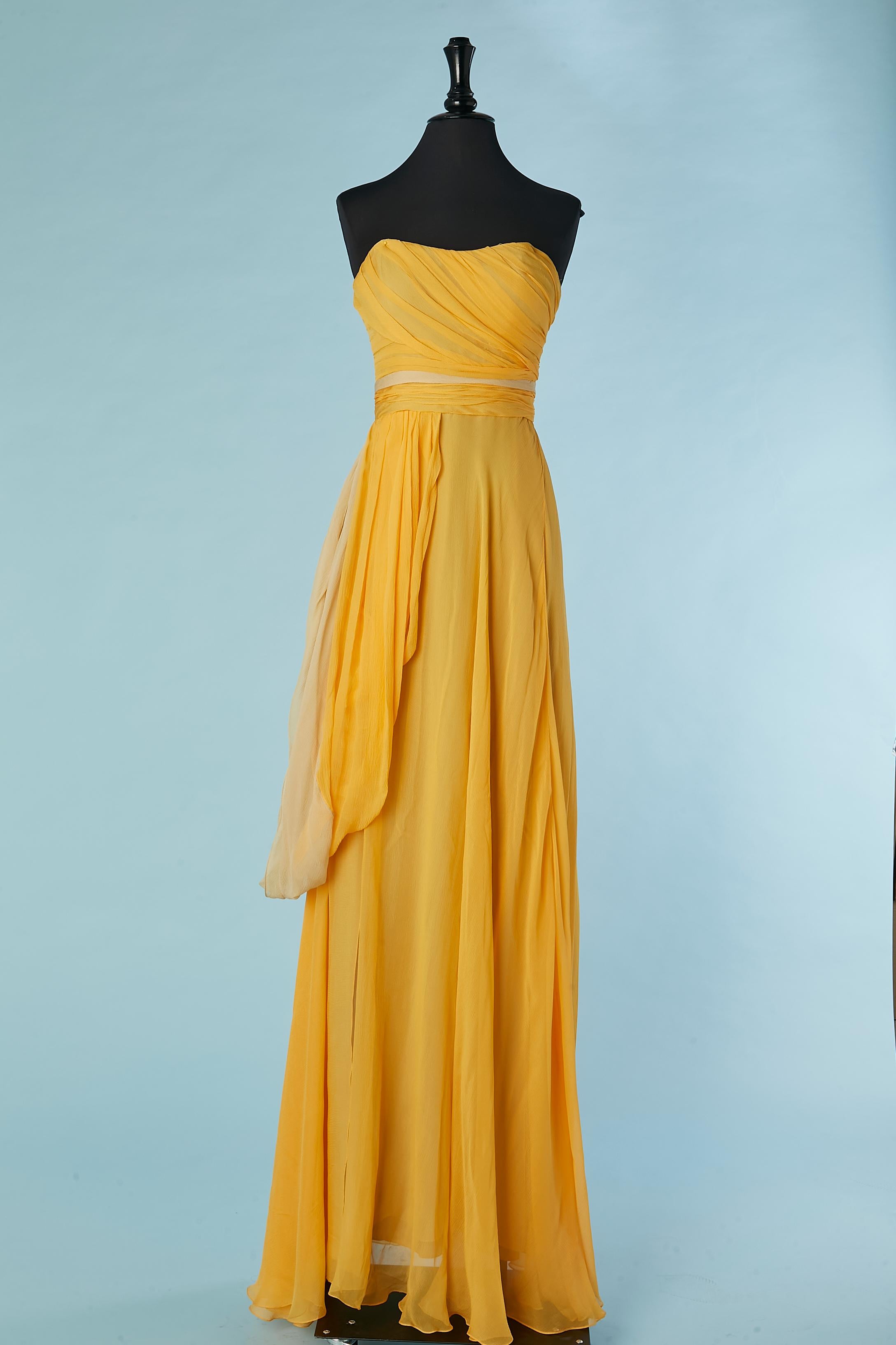 Yellow silk chiffon evening bustier dress Lorena Sarbu For Sale 4