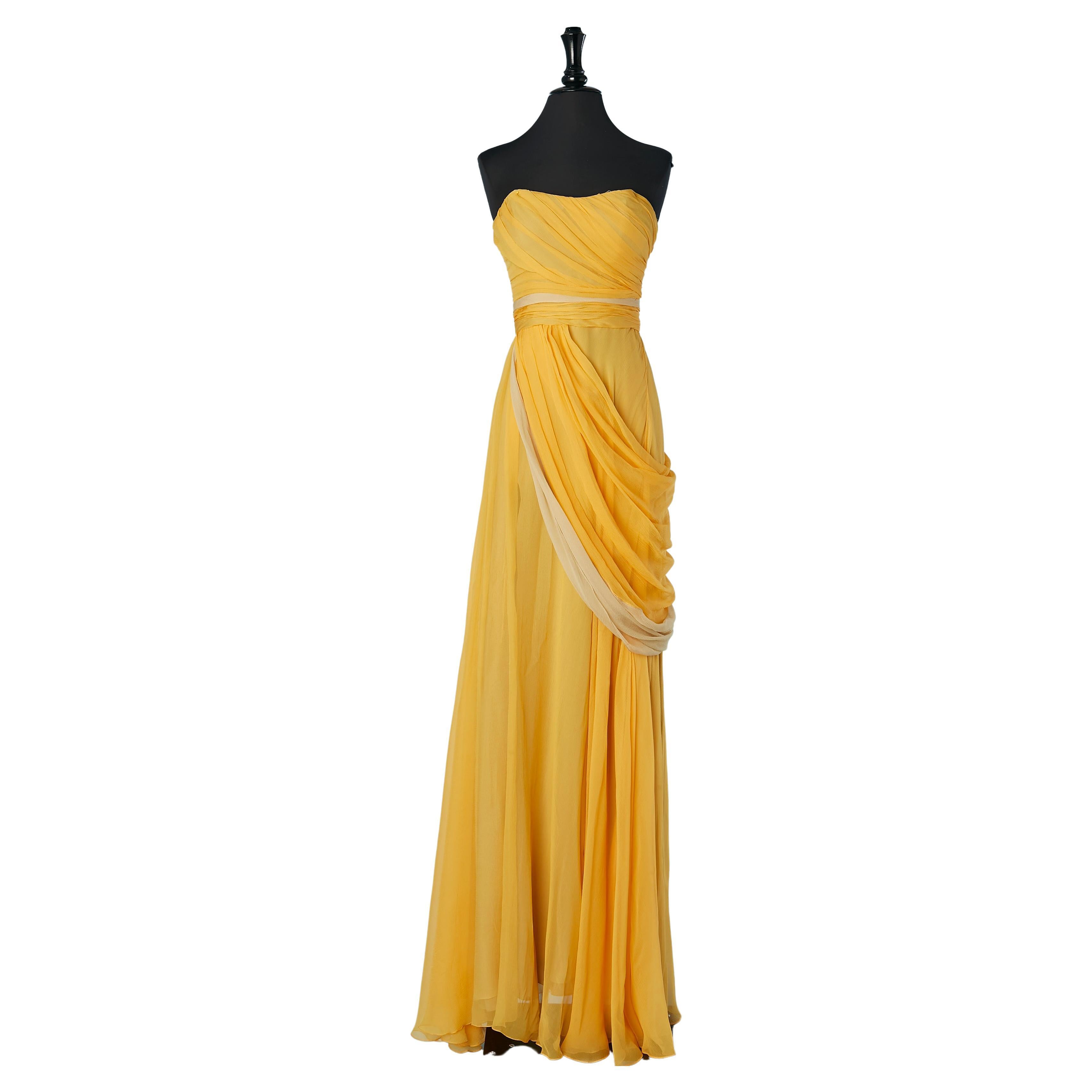 Yellow silk chiffon evening bustier dress Lorena Sarbu  For Sale
