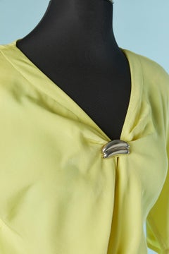 Yellow silk cocktail dress with silver metal brooch THIERRY MUGLER