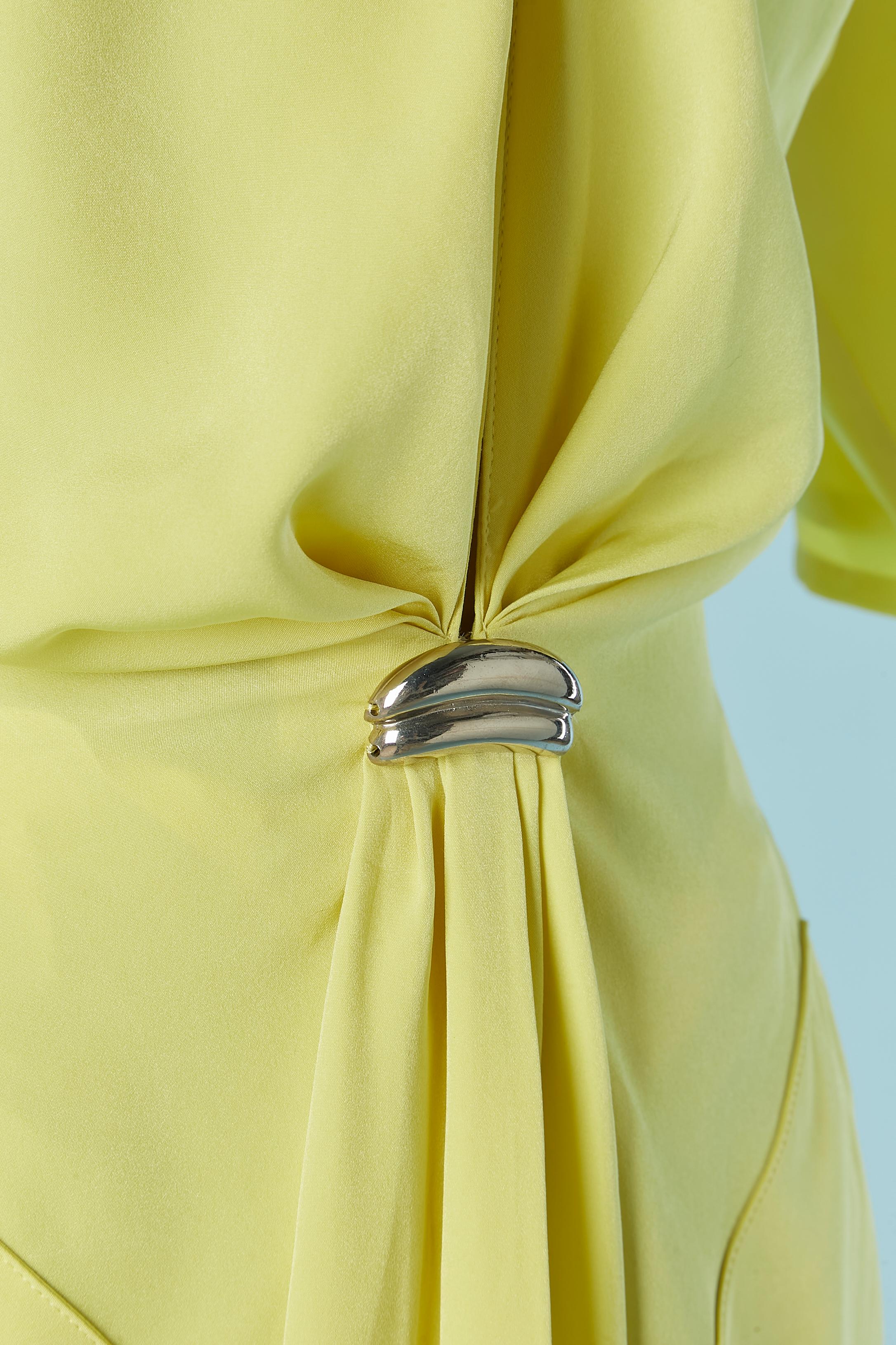 Beige Yellow silk cocktail dress with silver metal brooch THIERRY MUGLER For Sale