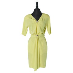 Yellow silk cocktail dress with silver metal brooch THIERRY MUGLER
