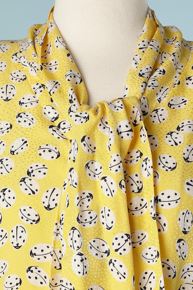 yellow silk jacquard dress with ladybug print. Tie collar, raglan sleeves, gros-grain on the waist band, shoulder pad, organza lining. 
Size 