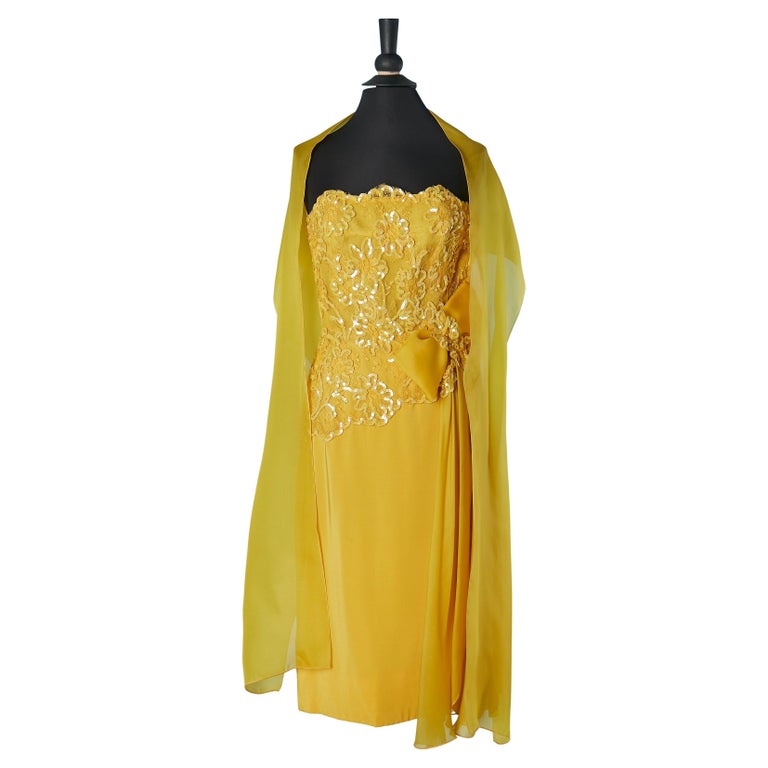 Yellow silk, lace and sequin bustier cocktail dress with scarf DANIEL  ROLAND For Sale at 1stDibs