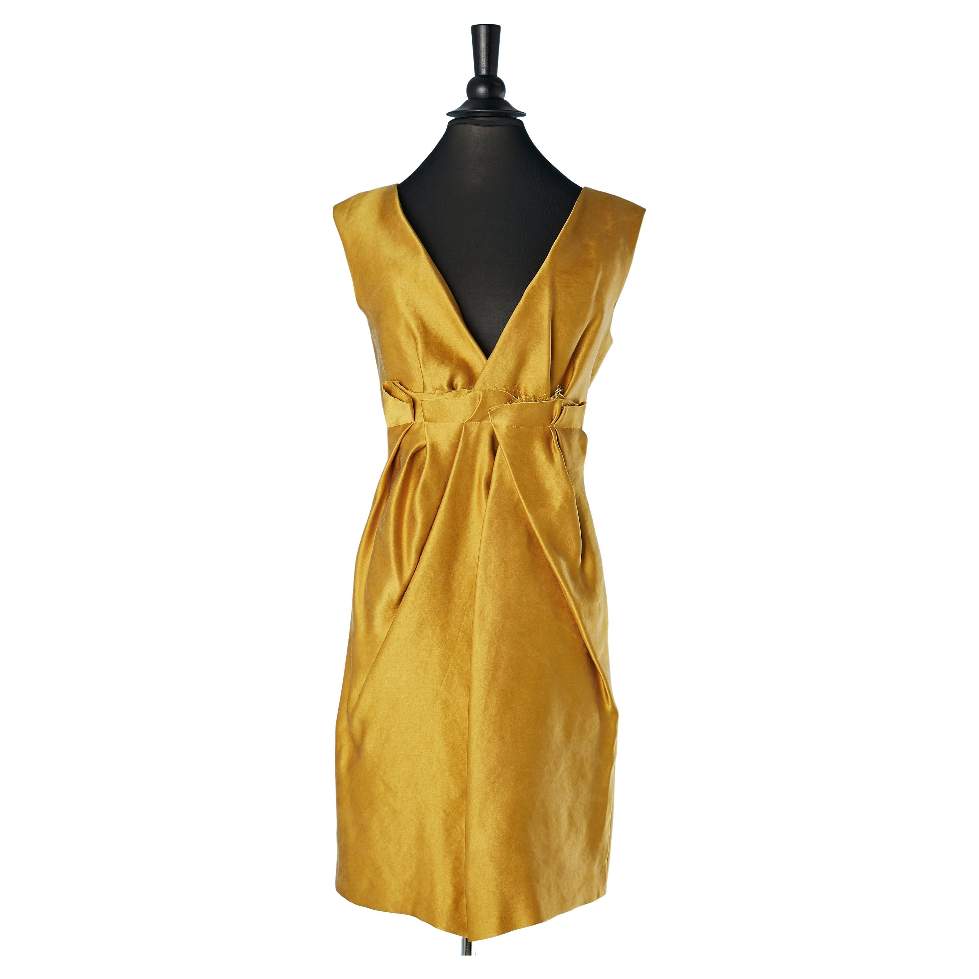 Yellow silk sleeveless drape cocktail dress Lanvin par Alber Elbaz 