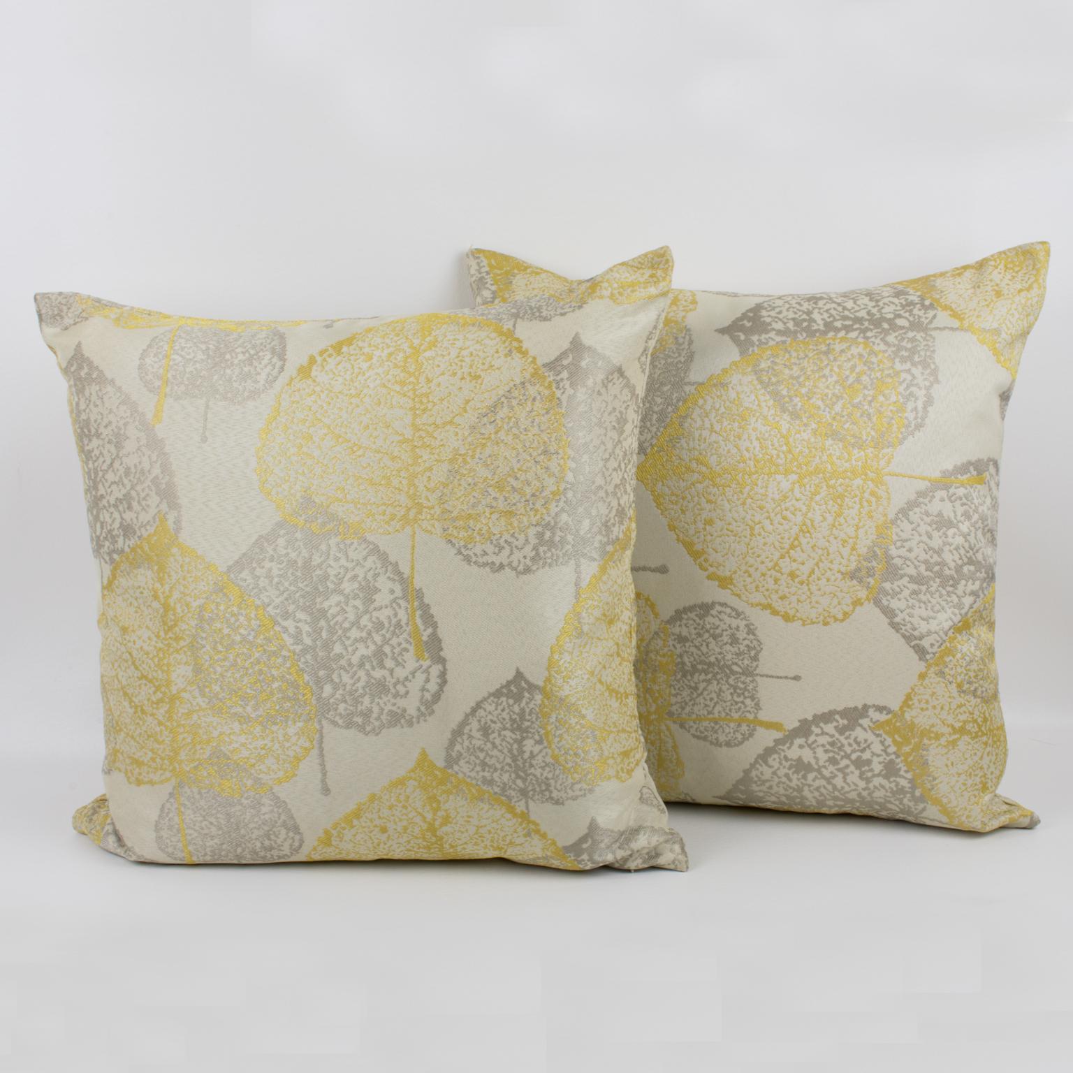 Modern Yellow Silver-Gray Damask Throw Pillow, a pair