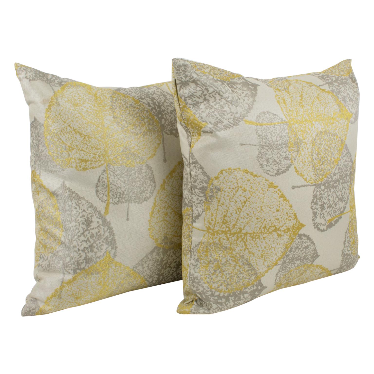 Yellow Silver-Gray Damask Throw Pillow, a pair