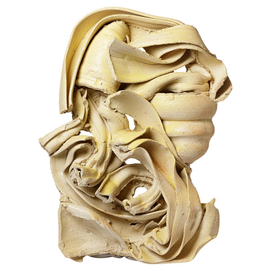 Yellow slip ceramic bas-relief by Patrick Crulis, 2025. For Sale