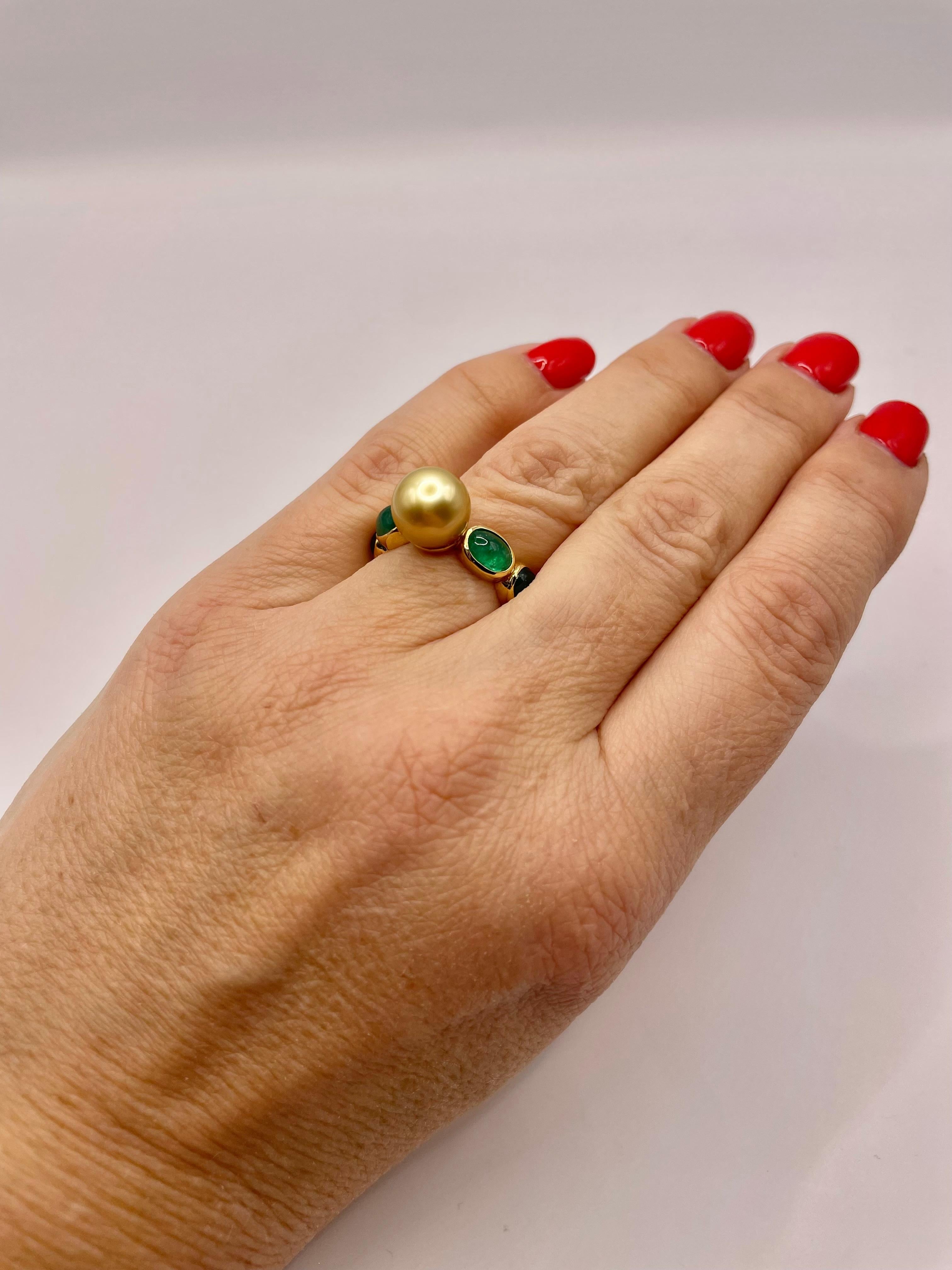 Modern Yellow South Sea Pearl and Emeralds Ring by Julia Shlovsky For Sale