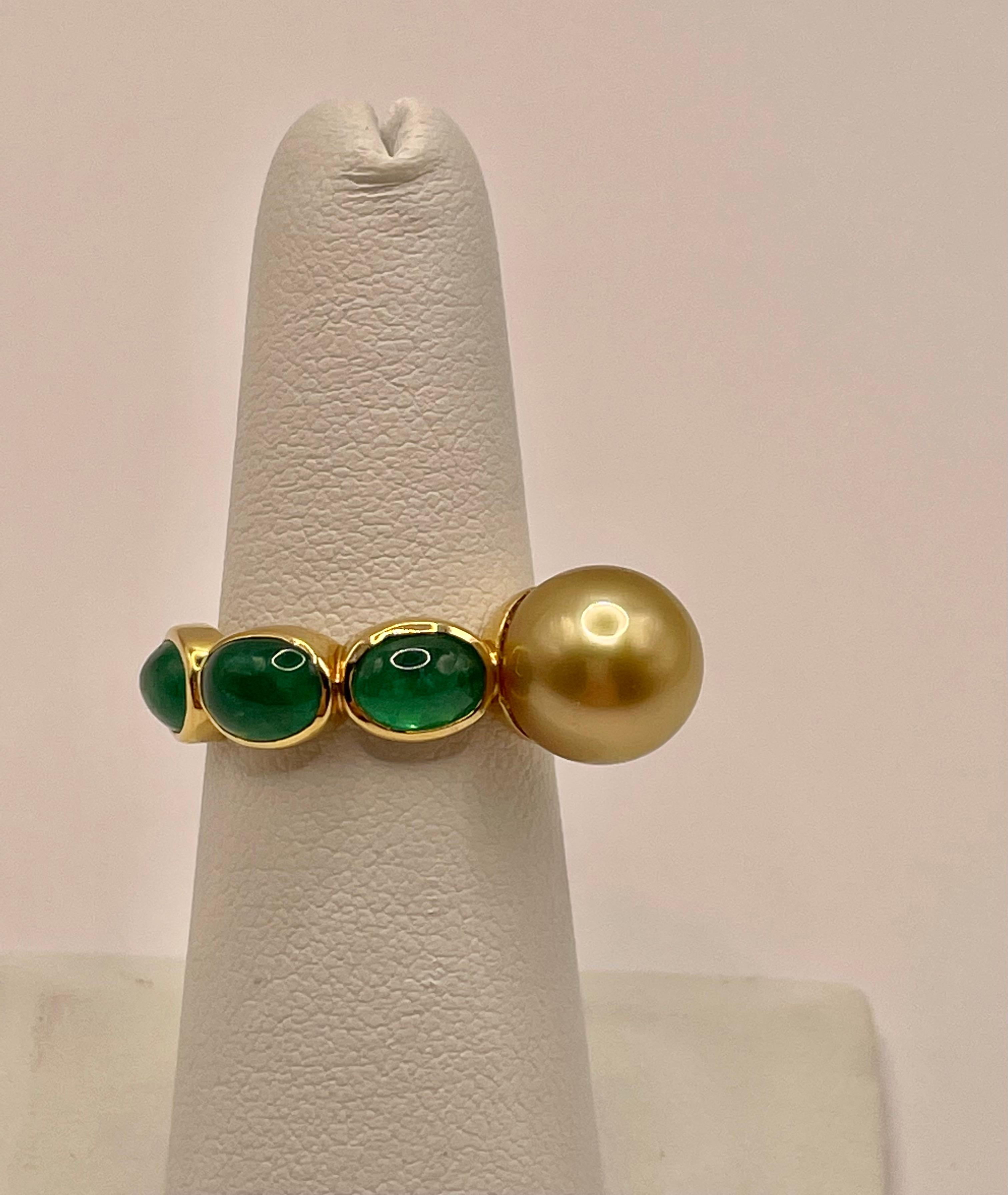 Cabochon Yellow South Sea Pearl and Emeralds Ring by Julia Shlovsky For Sale