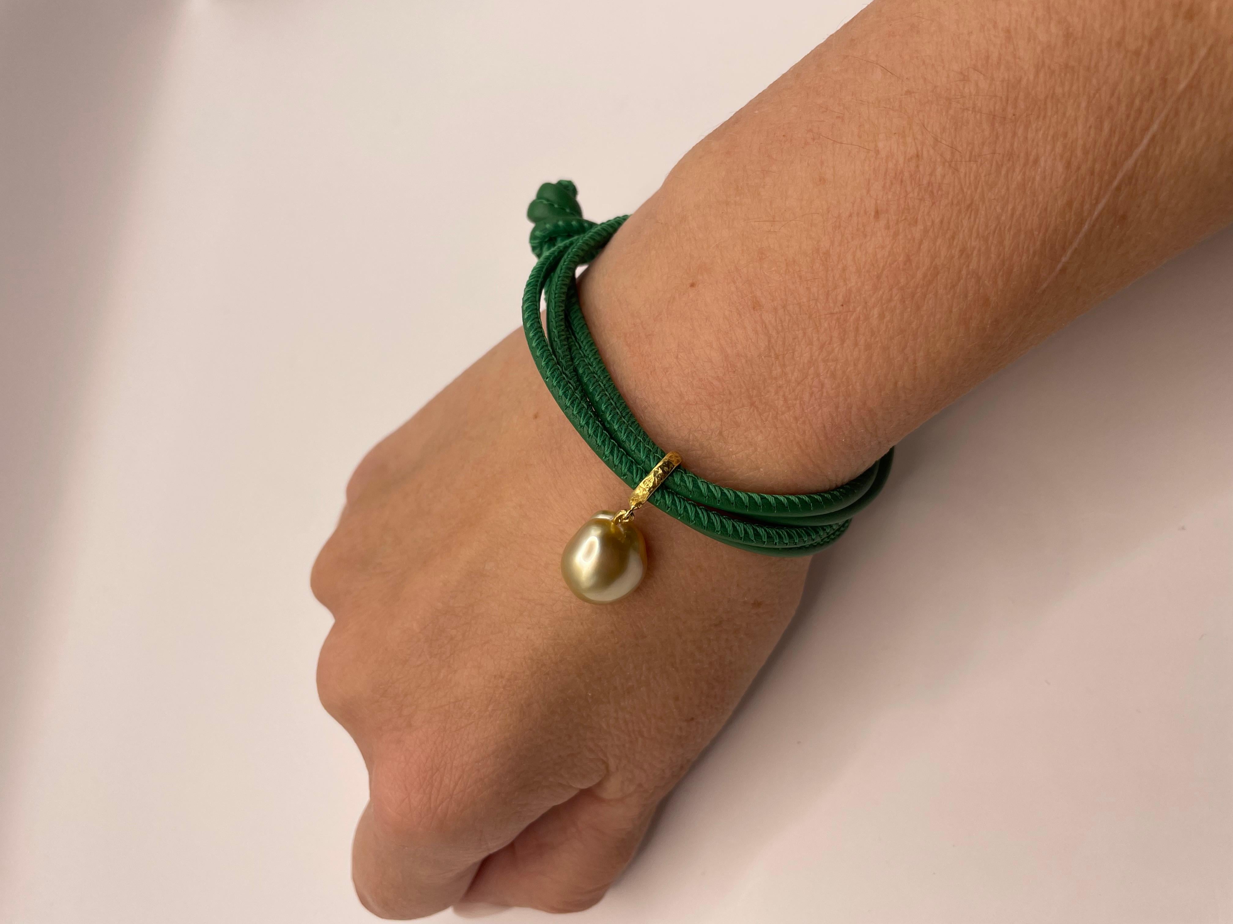 Yellow South Sea Pearl and Green Leather Bracelet by Julia Shlovsky In New Condition For Sale In Seattle, WA