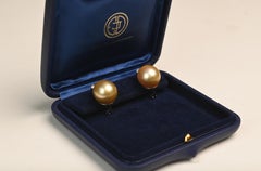 Yellow South Sea Pearl Earrings. Intense Yellow Hue Pearl Old Euro Diamond