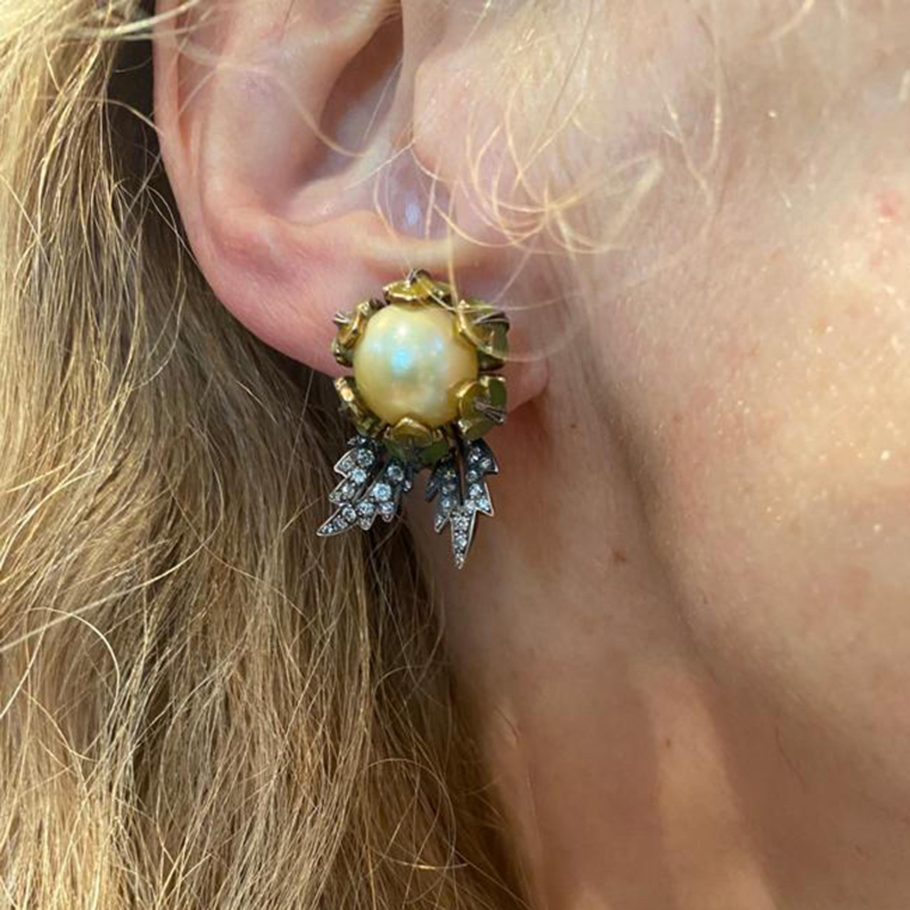 Women's Yellow South Sea Pearl, Plique-à-Jour Enamel and Gold Flower Bud Earrings For Sale