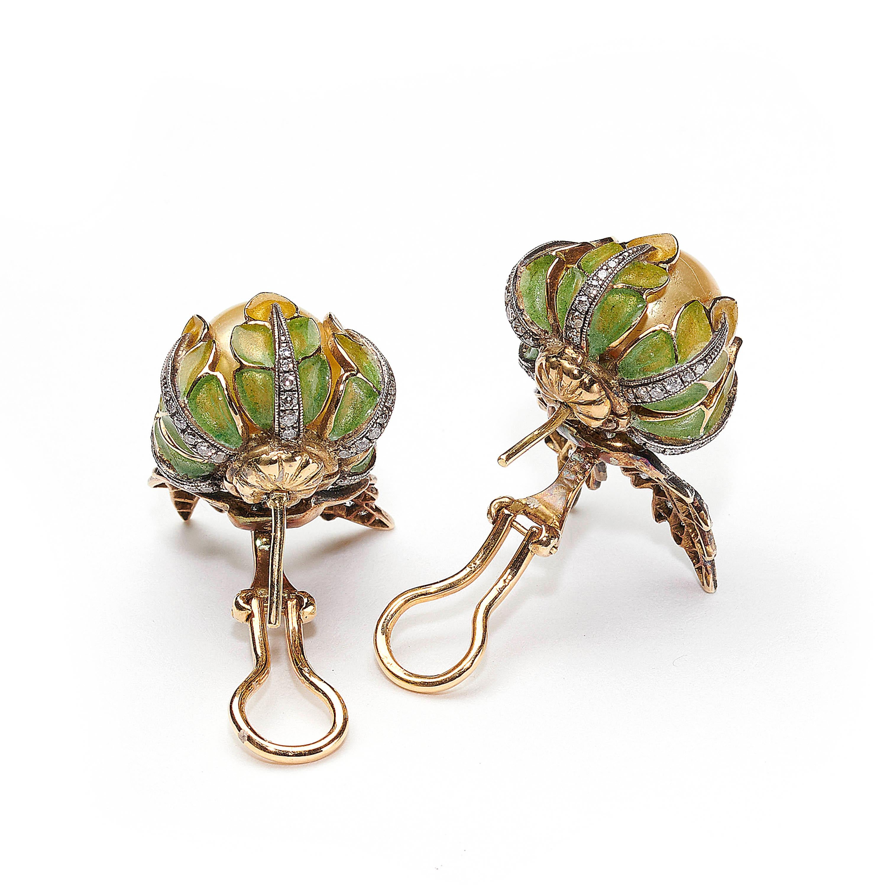 Yellow South Sea Pearl, Plique-à-Jour Enamel and Gold Flower Bud Earrings In Good Condition For Sale In London, GB