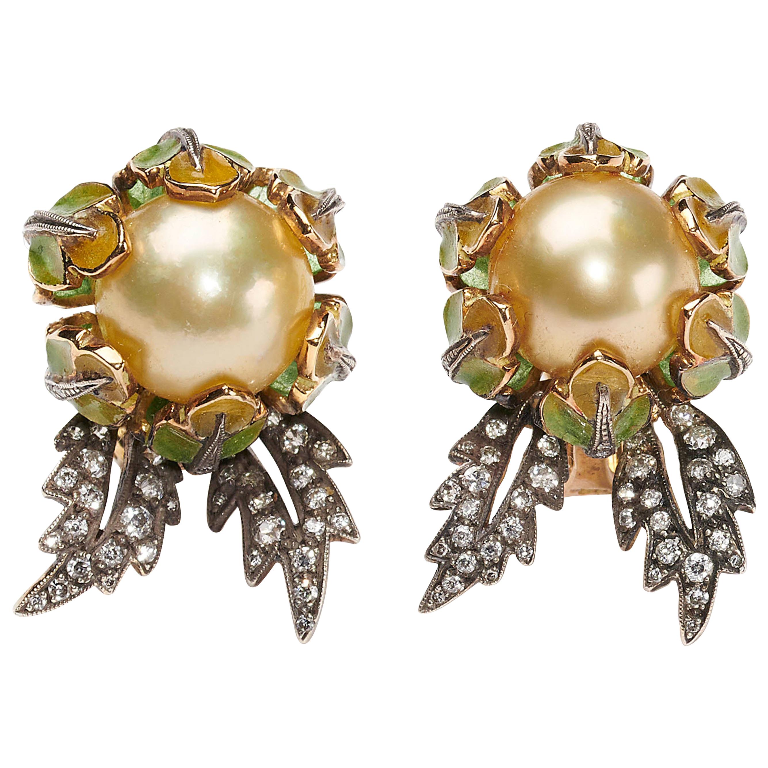 Yellow South Sea Pearl, Plique-à-Jour Enamel and Gold Flower Bud Earrings