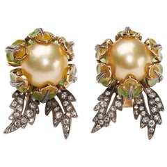 Yellow South Sea Pearl, Plique-à-Jour Enamel and Gold Flower Bud Earrings