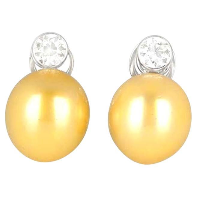 Yellow South Sea Pearls with Old Euro-Cut Diamond Earrings, Platinum