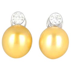 Yellow South Sea Pearls with Old Euro-Cut Diamond Earrings, Platinum
