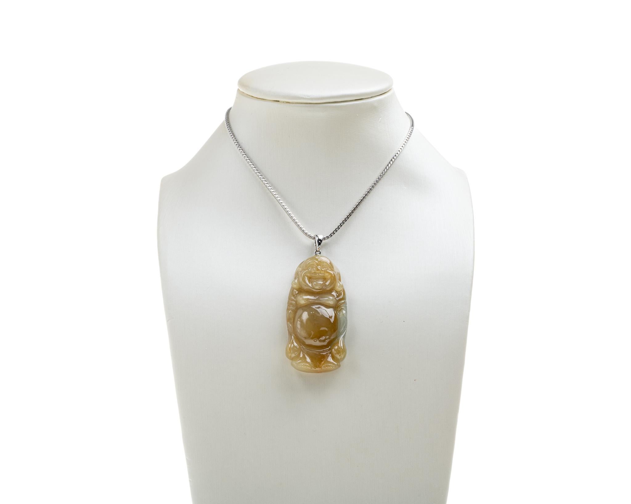 Rough Cut Yellow Standing Buddha Jadeite Jade Pendant, Certified Untreated For Sale