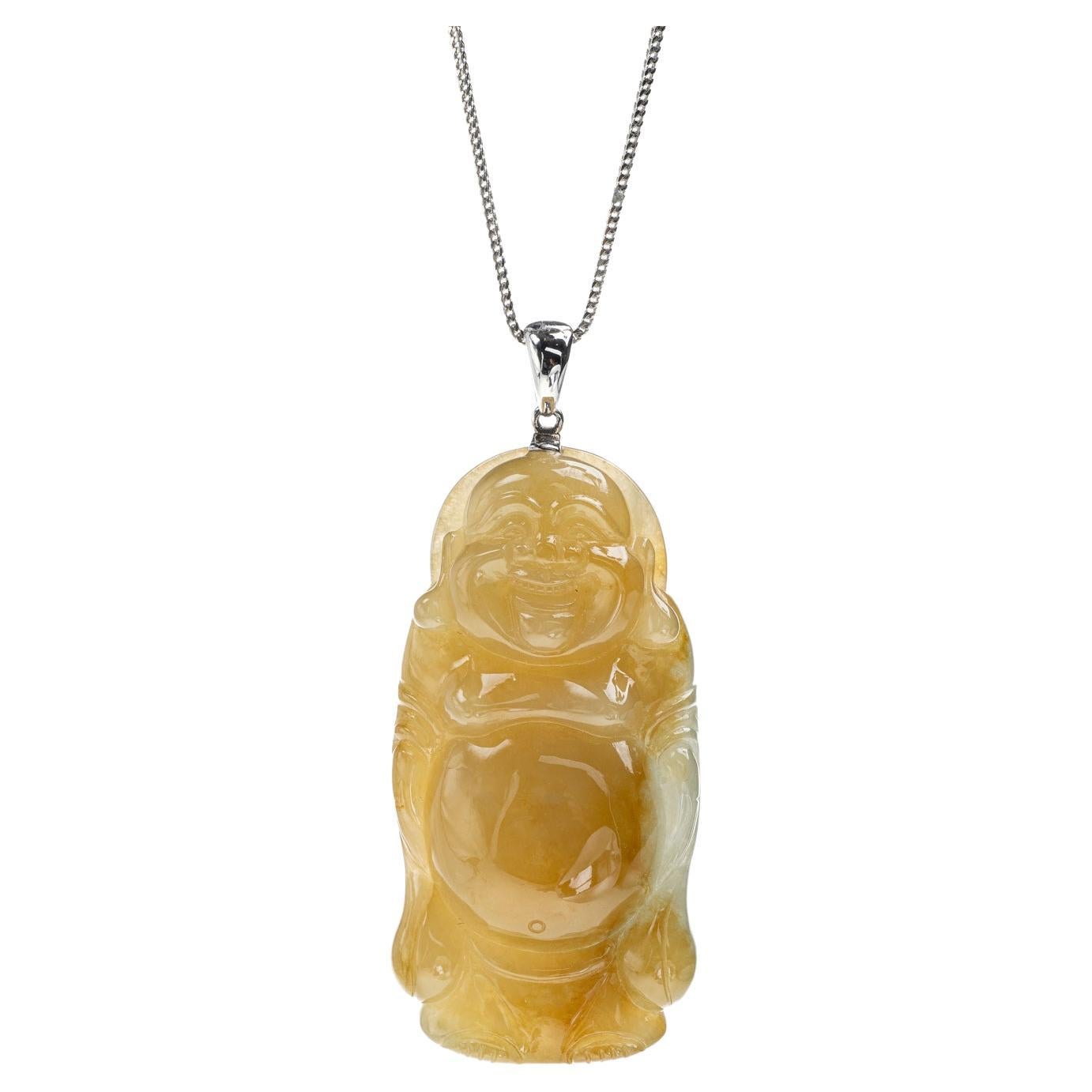 Yellow Standing Buddha Jadeite Jade Pendant, Certified Untreated For Sale