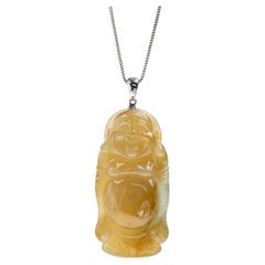 Vintage Yellow Standing Buddha Jadeite Jade Pendant, Certified Untreated