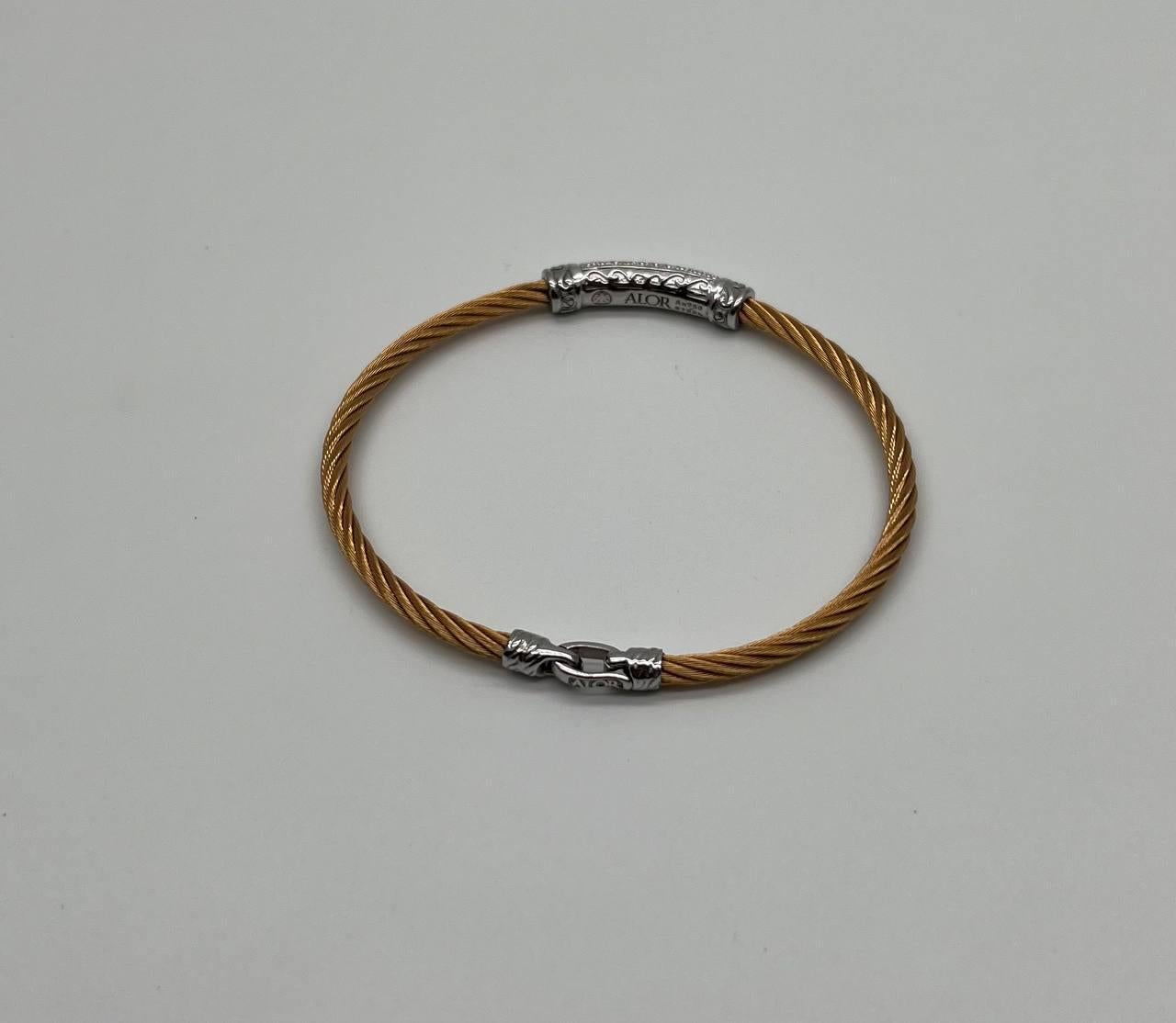 Yellow Steel Cable Row 18K White Gold Diamonds Pave Filigree Statement Bracelet For Sale 4