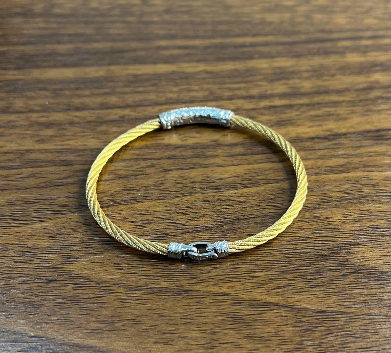 Modern Yellow Steel Cable Row 18K White Gold Diamonds Pave Filigree Statement Bracelet For Sale