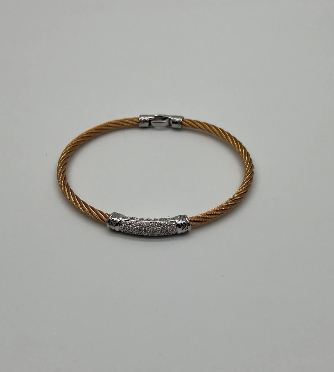 Yellow Steel Cable Row 18K White Gold Diamonds Pave Filigree Statement Bracelet For Sale 2