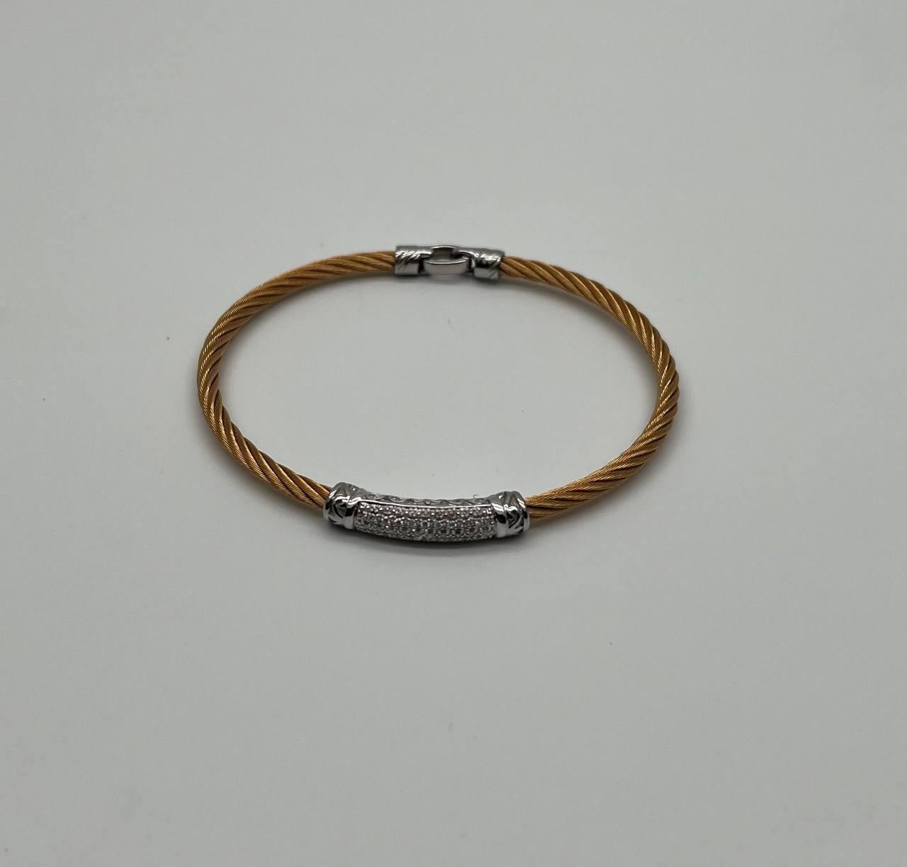 Yellow Steel Cable Row 18K White Gold Diamonds Pave Filigree Statement Bracelet For Sale 3