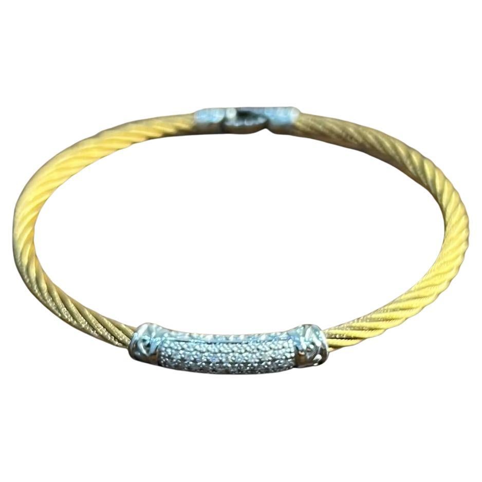 Yellow Steel Cable Row 18K White Gold Diamonds Pave Filigree Statement Bracelet