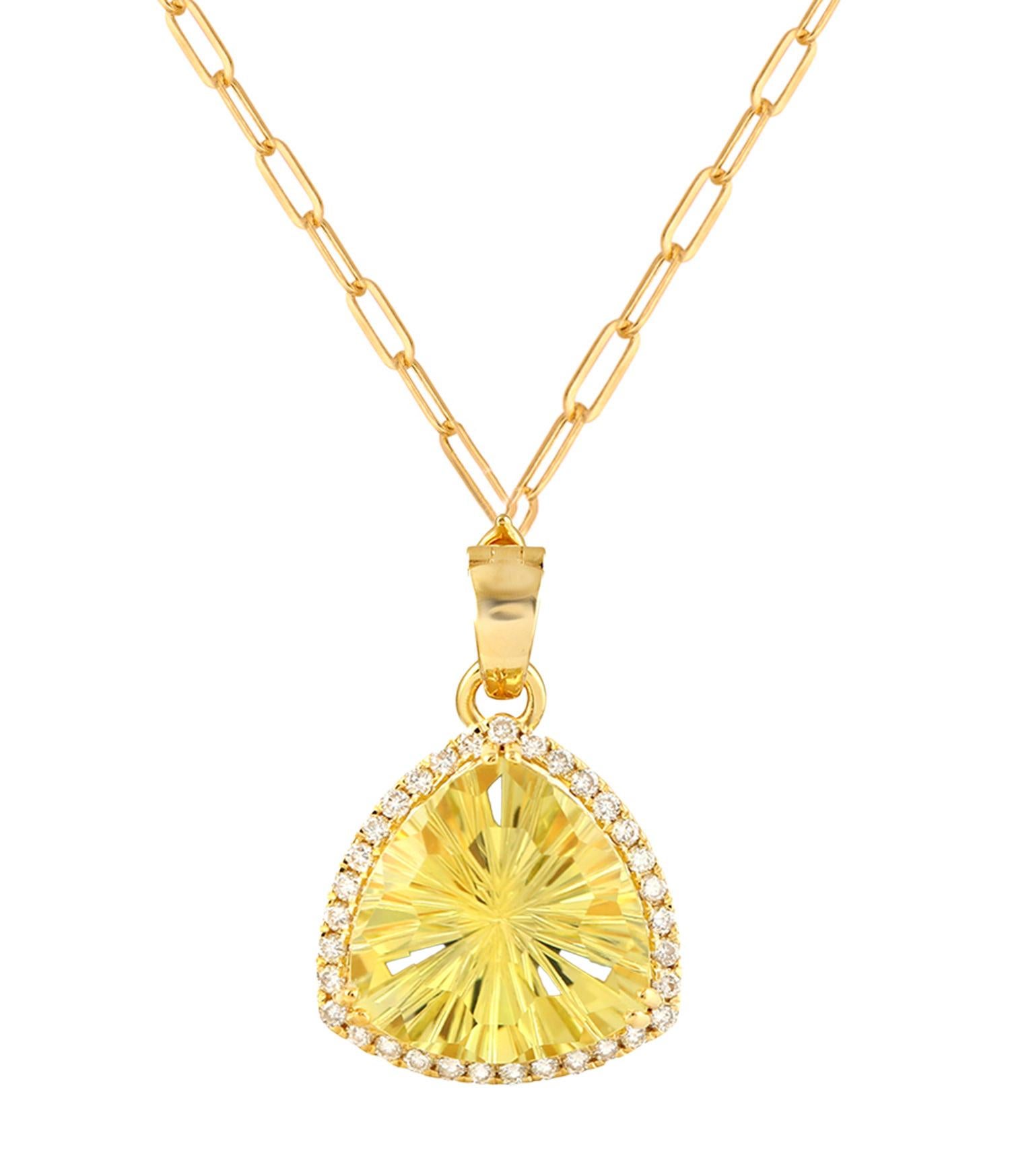 Trillion Cut Yellow Stellar Quartz Pendant Necklace With Diamonds 5.63 Carats 18K Yellow Gold For Sale