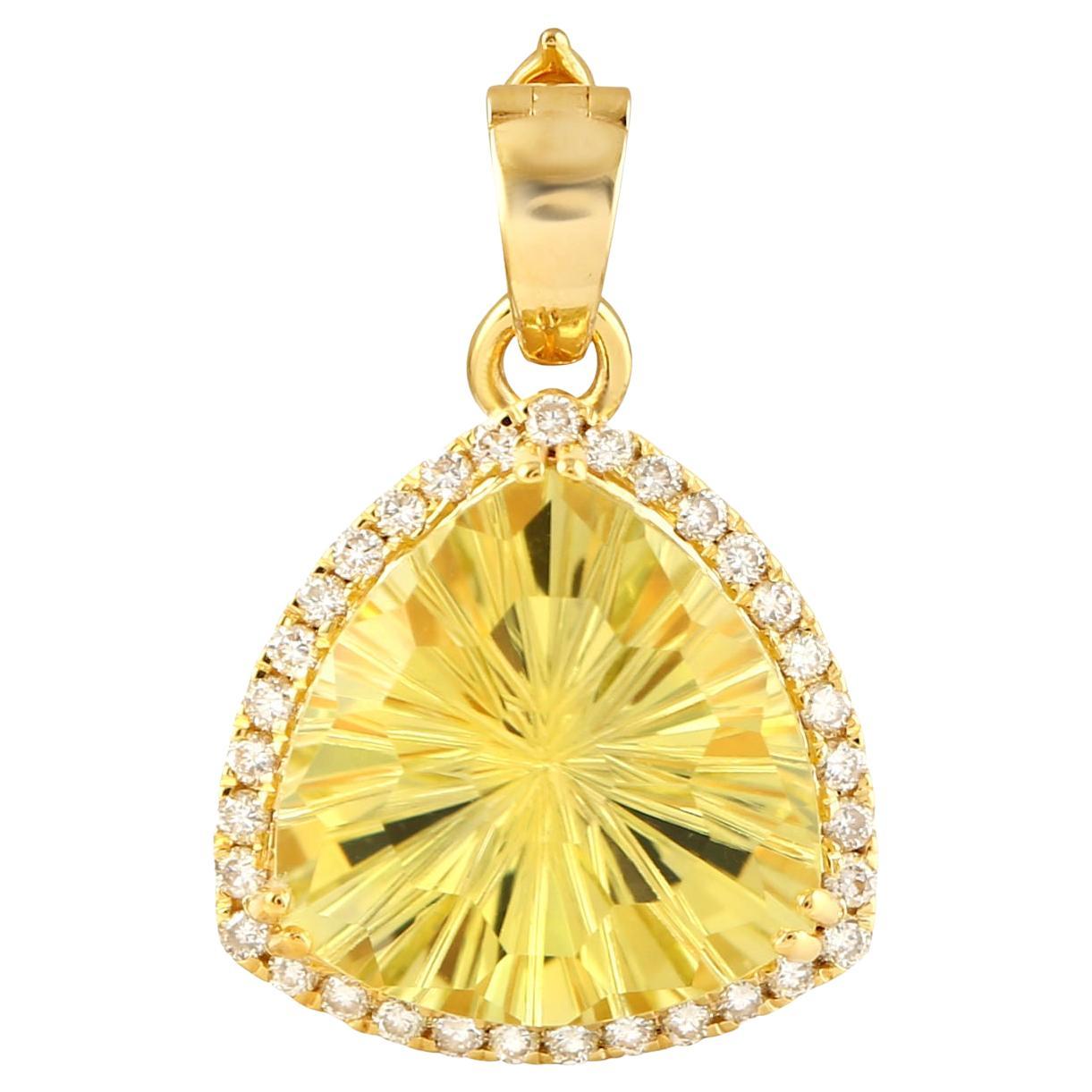 Yellow Stellar Quartz Pendant Necklace With Diamonds 5.63 Carats 18K Yellow Gold