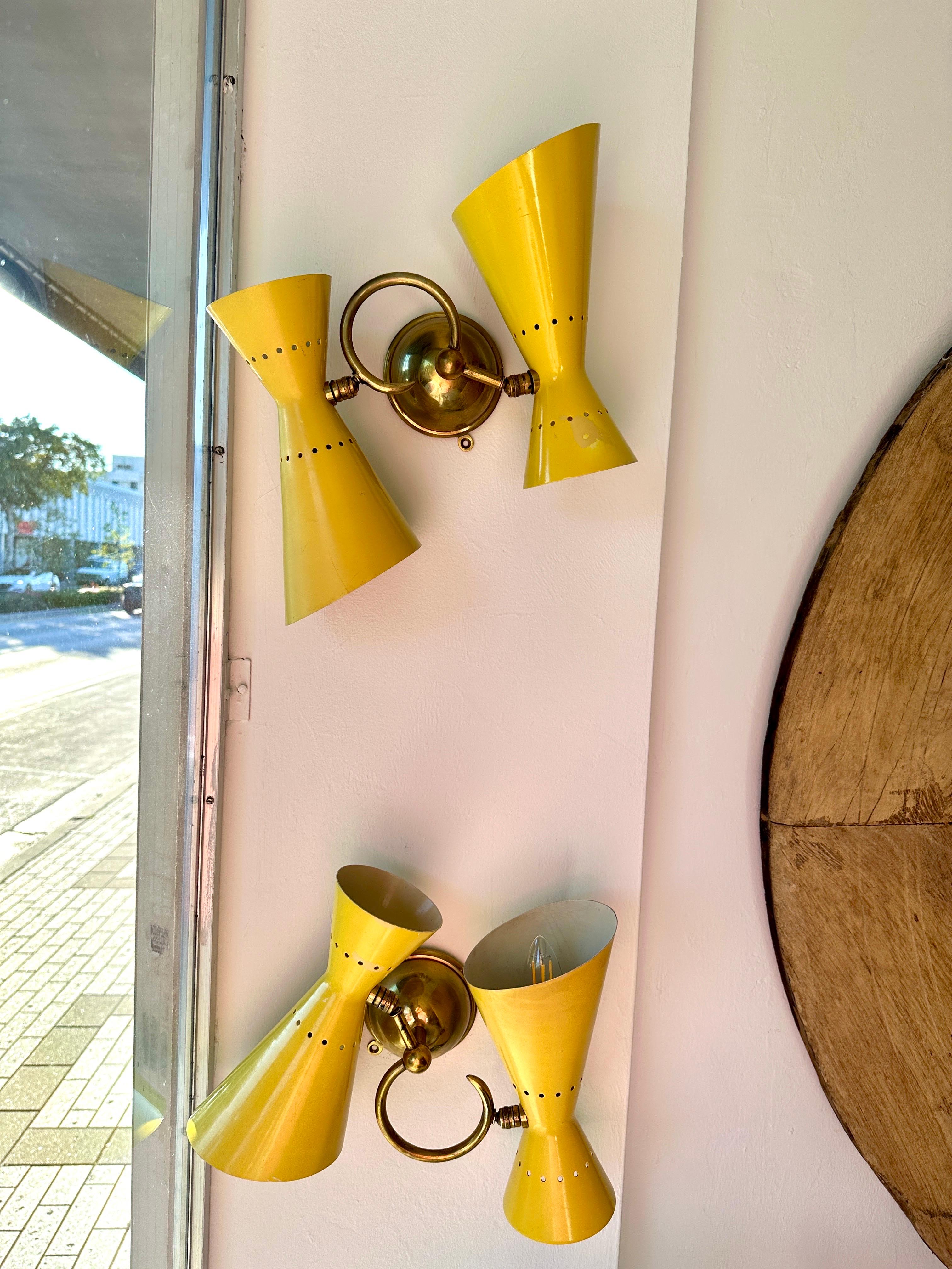 Mid-Century Modern Yellow Stilnovo Peforated Metal Cone Wall Lights, PAIR (2 pairs available) For Sale