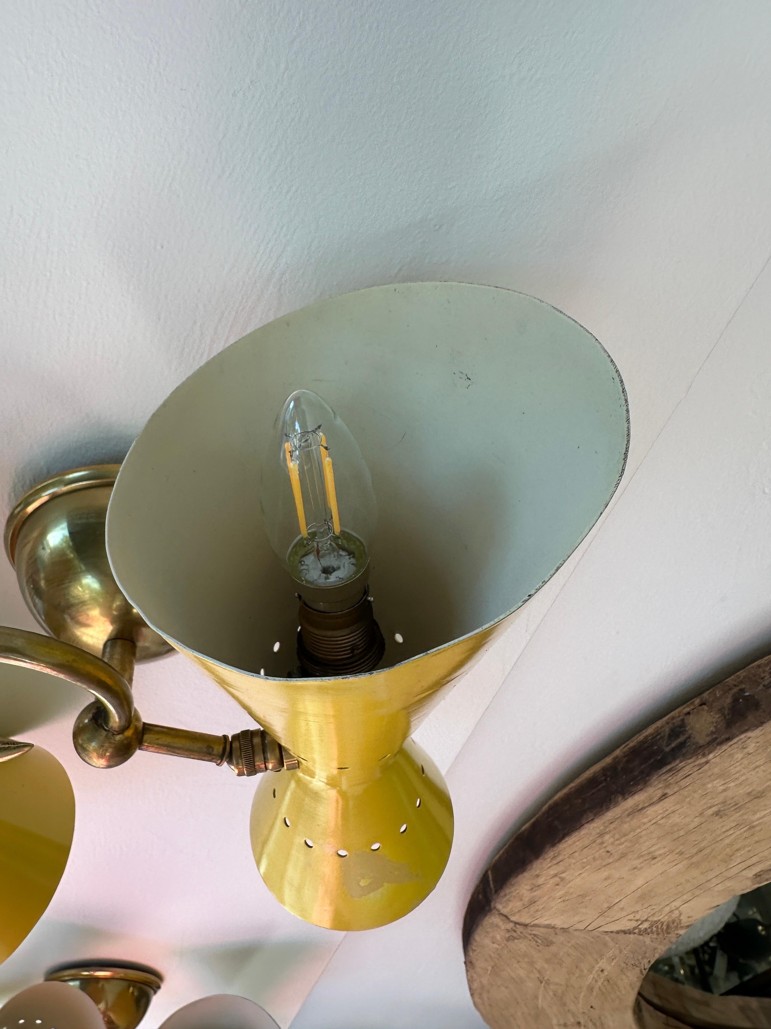 Mid-20th Century Yellow Stilnovo Peforated Metal Cone Wall Lights, PAIR (2 pairs available) For Sale