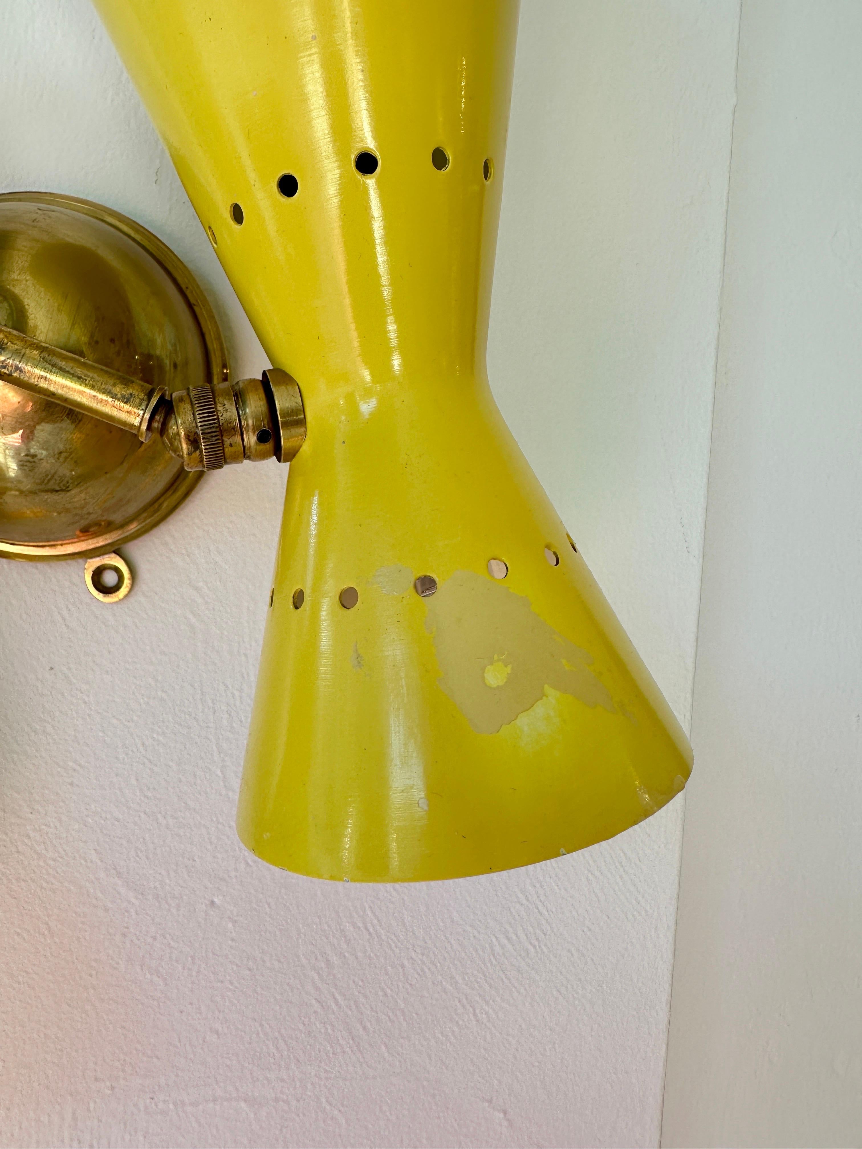 Brass Yellow Stilnovo Peforated Metal Cone Wall Lights, PAIR (2 pairs available) For Sale