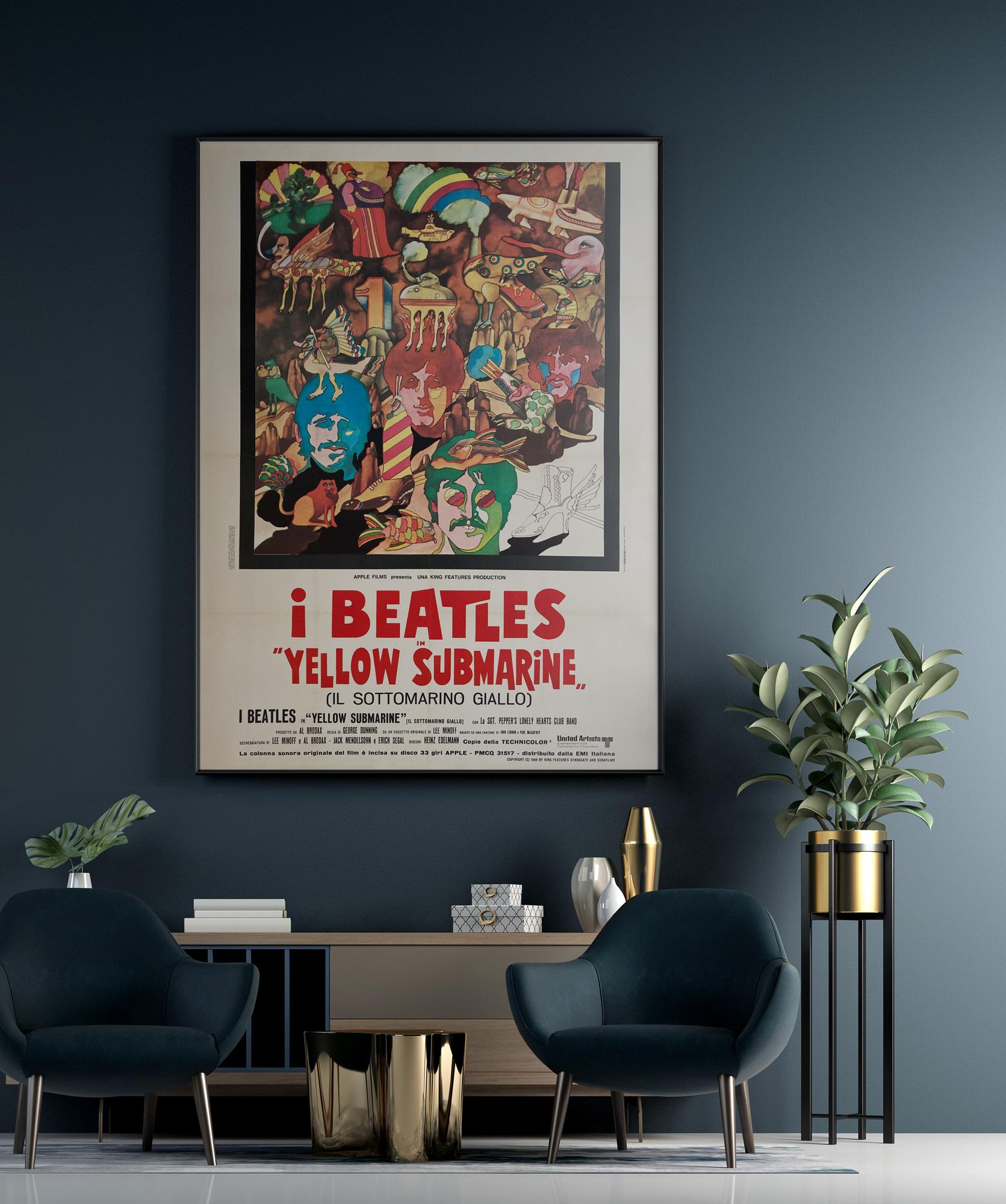 The, suitably, psychedelic artwork on the Italian 2 Foglio film poster for the Beatles' classic Yellow Submarine is, well, groovy baby. Sure to brighten up any space in which it hangs.

This original vintage movie poster has been professionally