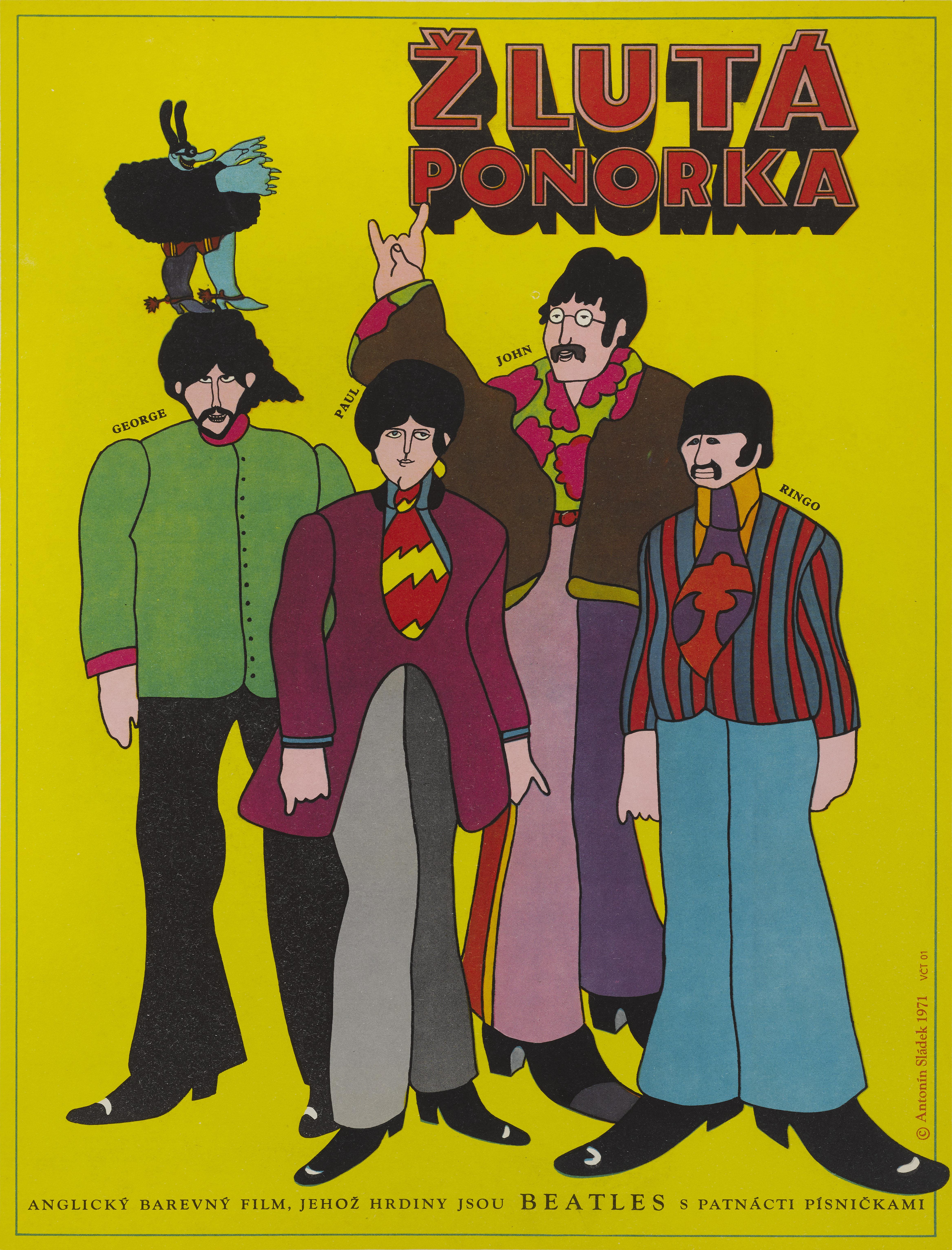 Original Czechoslovakian film poster for the 1968 Beatles animation film Yellow Submarine.
This extremely cool poster was designed by the Czech artist Antonin Sladek, (1942-2009)
This poster is from the films first Czech release in 1971.
This