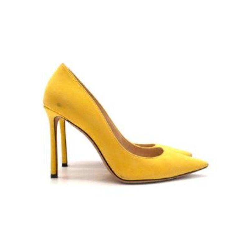 Jimmy Choo Yellow Suede PointToe Heeled Pumps
 
 - Vibrant yellow suede body, with pointed toe, set on a high stiletto heel
 - Leather lined, leather sole
 
 Material: 
 
 -Suede 
 -Leather 
 
 9/10 some faint black marks on the body, please refer